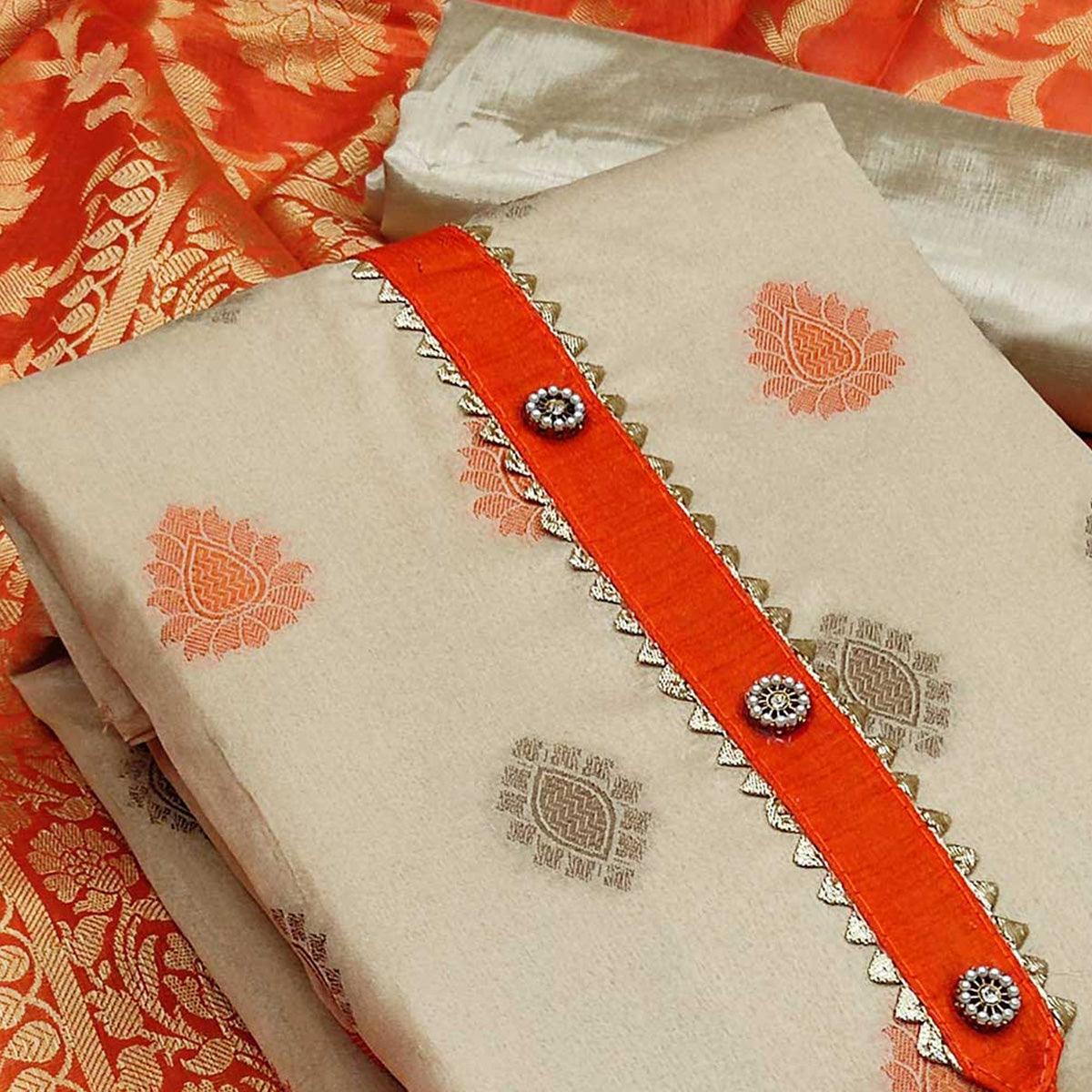 Beige Festive Wear Woven Banarasi Silk Jacquard Dress Material - Peachmode