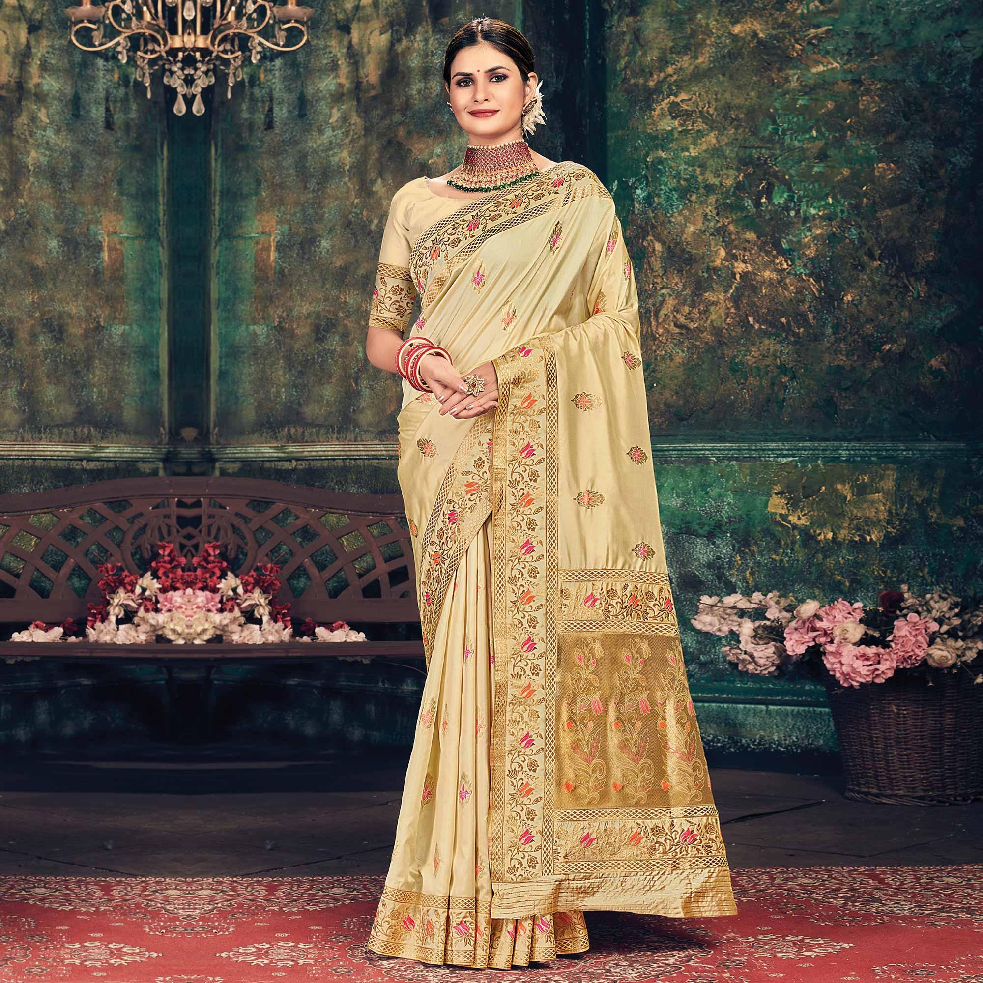 Beige Festive Wear Woven Banarasi Silk Saree - Peachmode