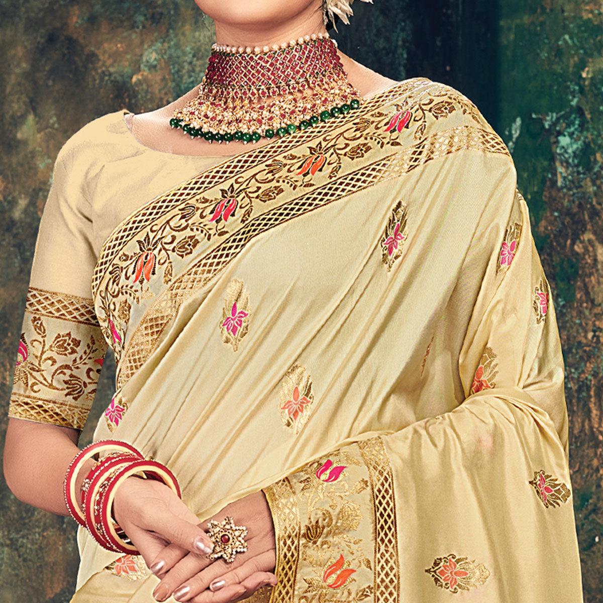 Beige Festive Wear Woven Banarasi Silk Saree - Peachmode
