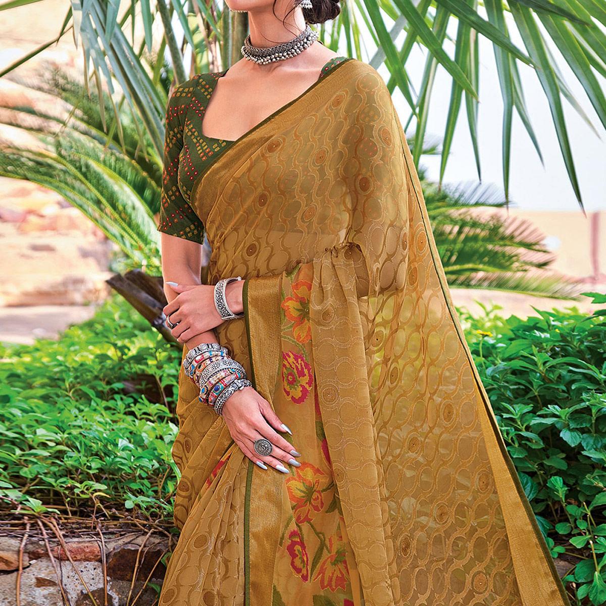 Beige Festive Wear Woven Brasso Saree - Peachmode