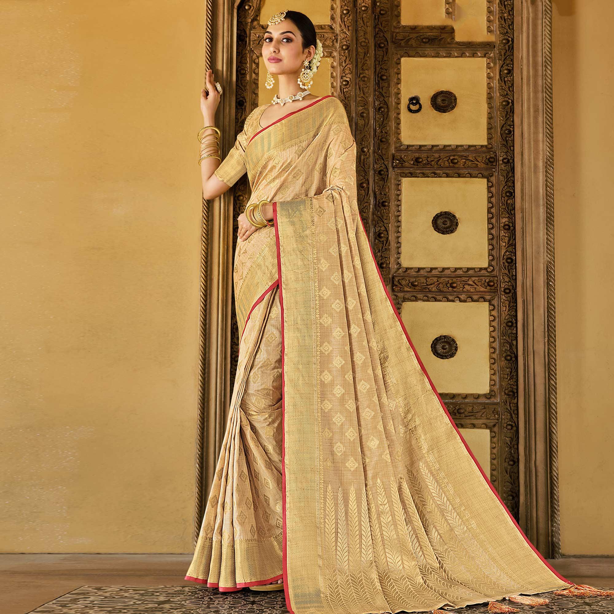 Beige Festive Wear Woven Cotton Handloom Saree - Peachmode