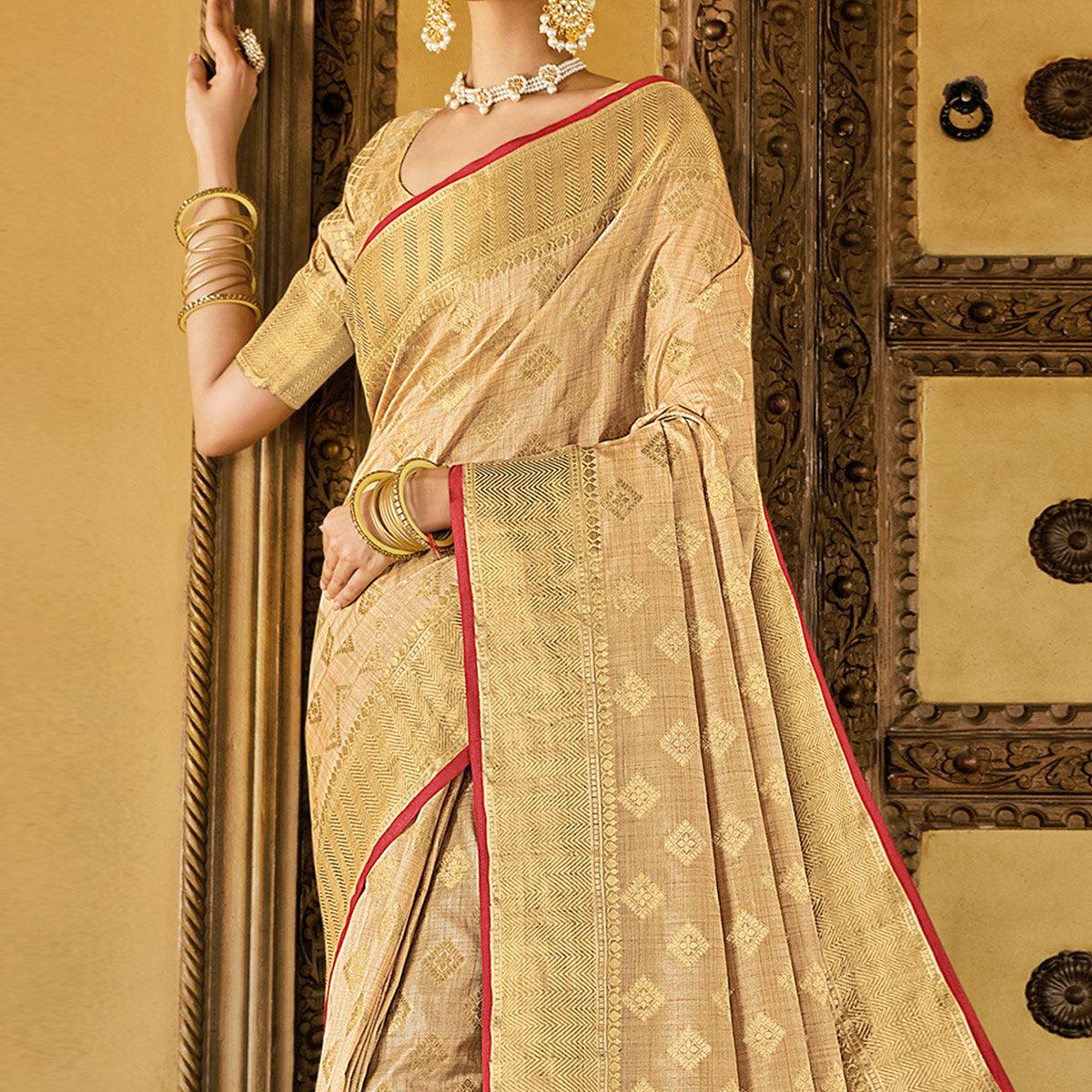 Beige Festive Wear Woven Cotton Handloom Saree - Peachmode