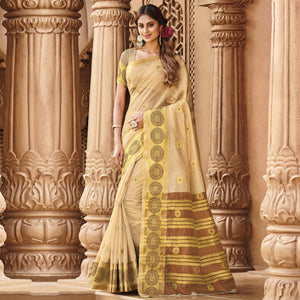 Beige Festive Wear Woven Cotton Saree - Peachmode
