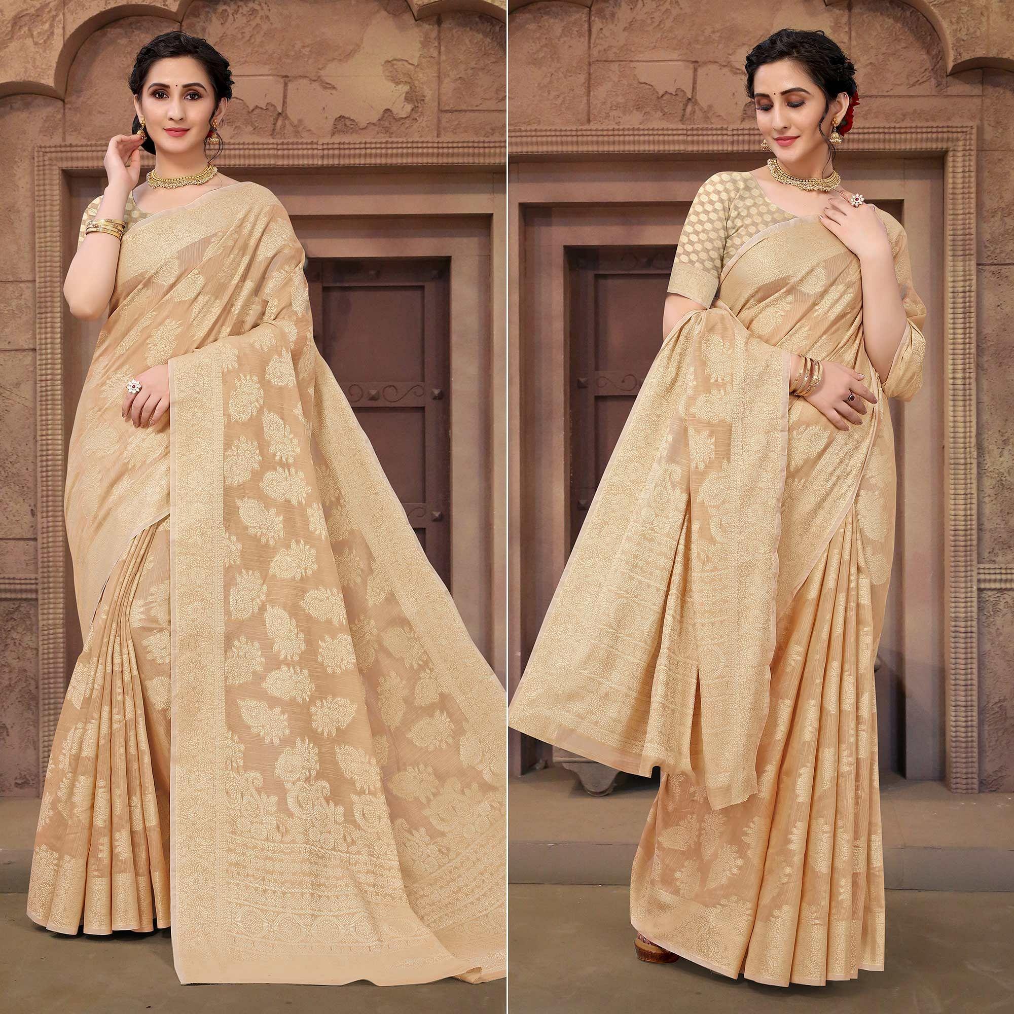 Beige Festive Wear Woven Cotton Saree - Peachmode