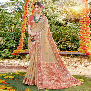 Beige Festive Wear Woven Cotton Saree - Peachmode
