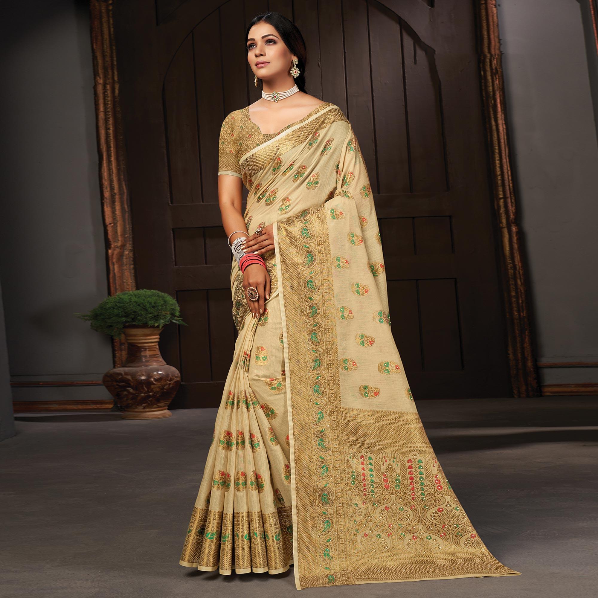 Beige Festive Wear Woven Cotton Saree - Peachmode