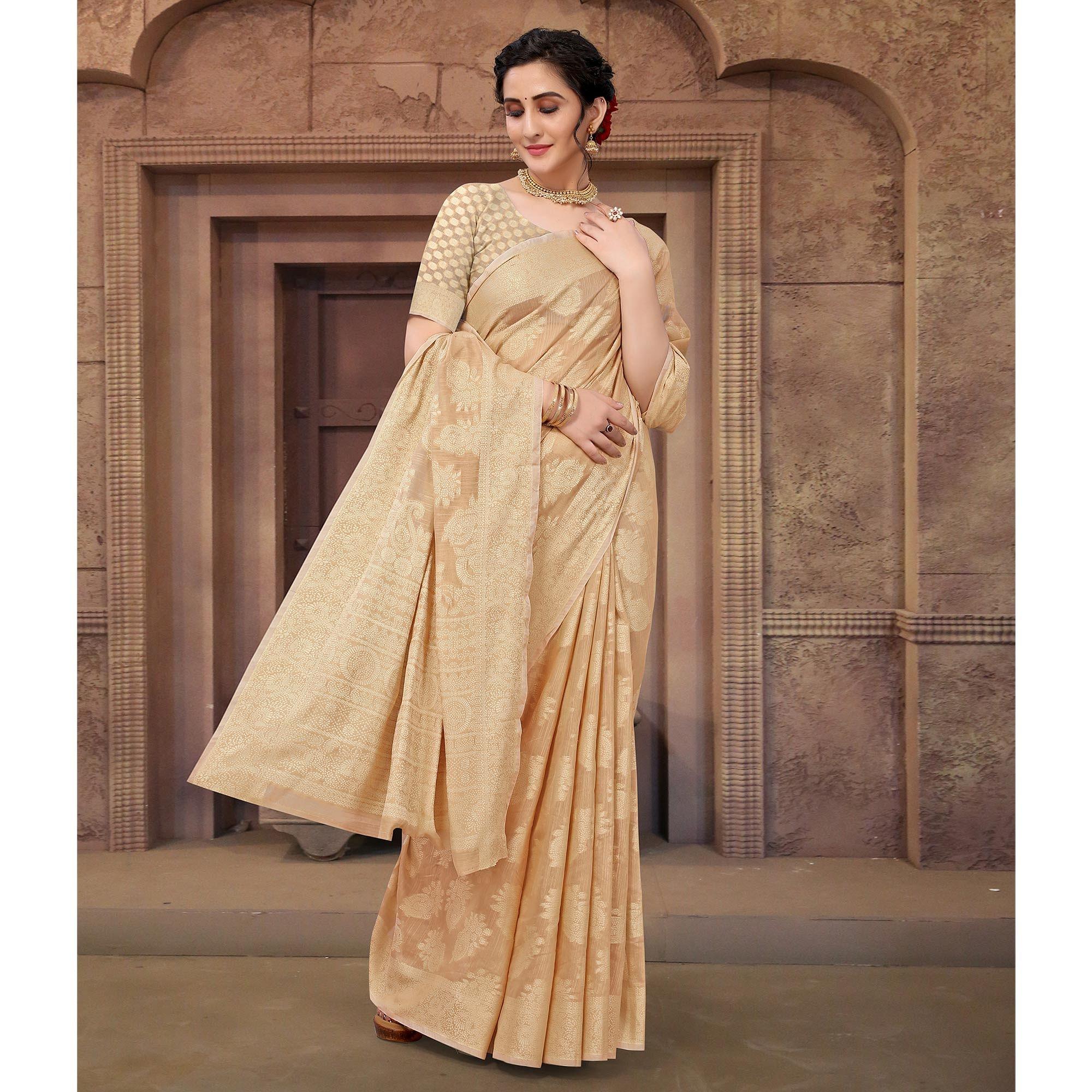 Beige Festive Wear Woven Cotton Saree - Peachmode