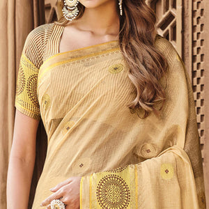 Beige Festive Wear Woven Cotton Saree - Peachmode
