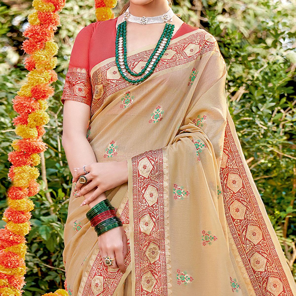 Beige Festive Wear Woven Cotton Saree - Peachmode