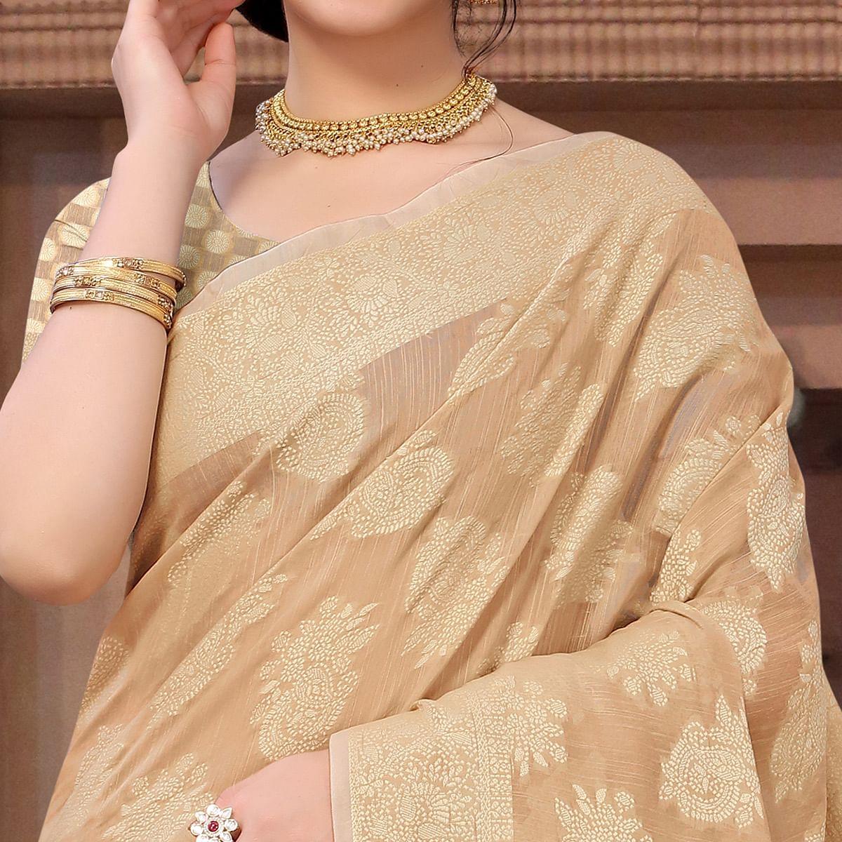Beige Festive Wear Woven Cotton Saree - Peachmode