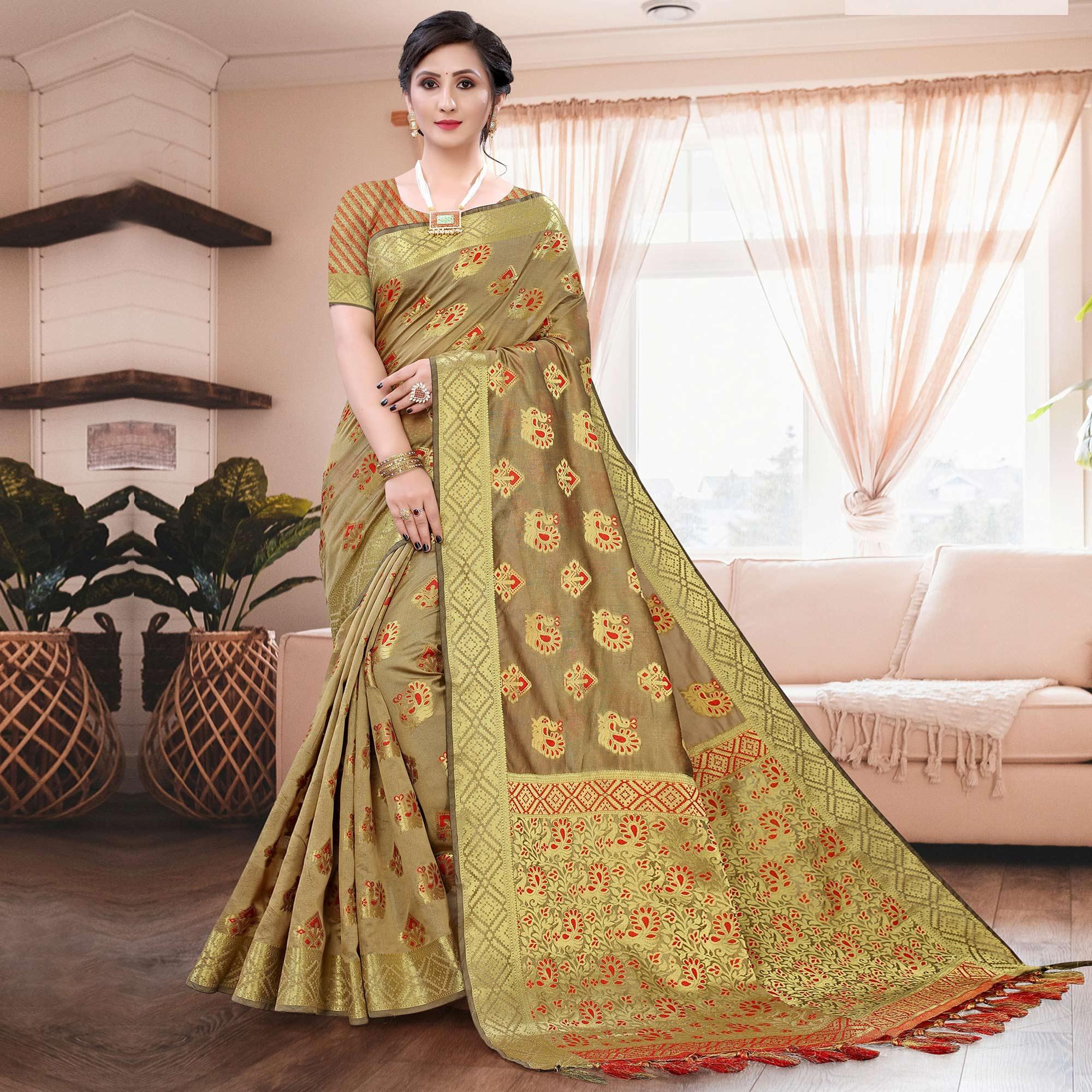 Beige Festive Wear Woven Cotton Saree With Tassels - Peachmode