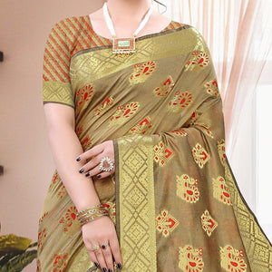 Beige Festive Wear Woven Cotton Saree With Tassels - Peachmode