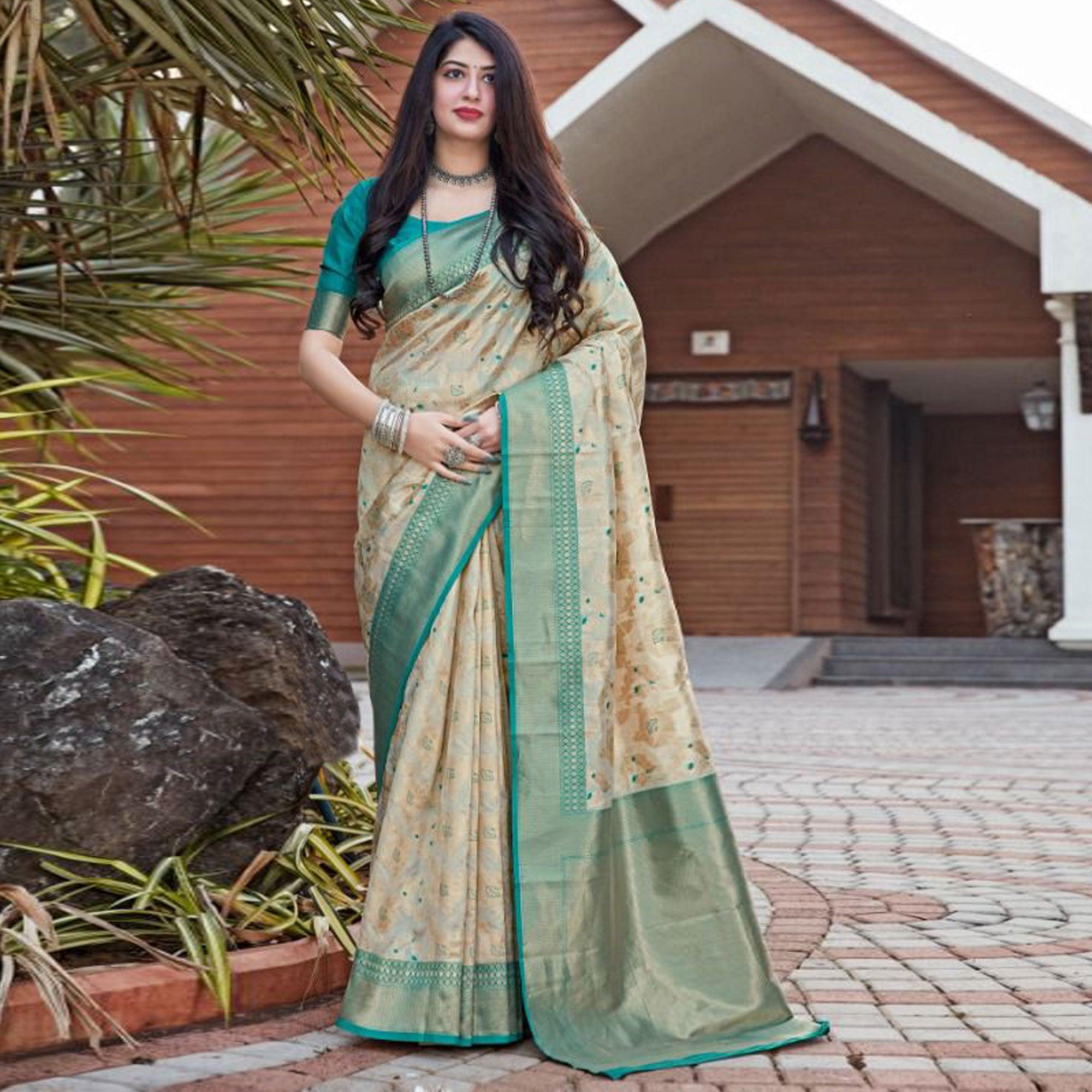 Beige Festive Wear Woven Designer Art Silk Saree - Peachmode