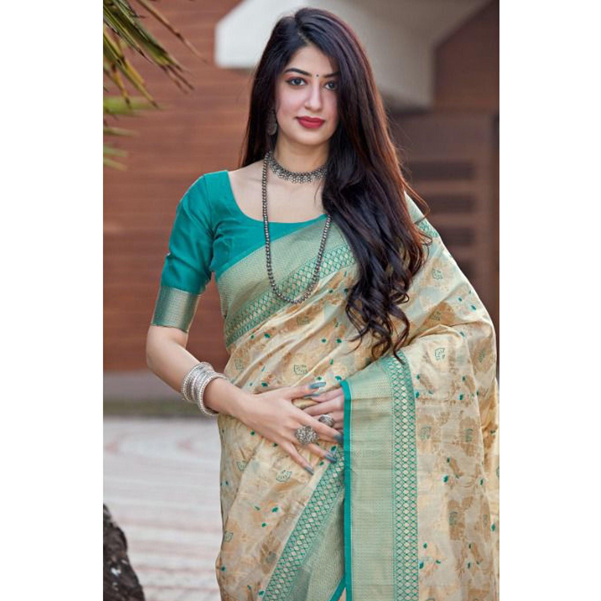 Beige Festive Wear Woven Designer Art Silk Saree - Peachmode