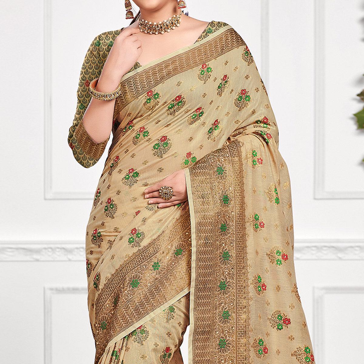 Beige Festive Wear Woven-Embellished Cotton Saree - Peachmode