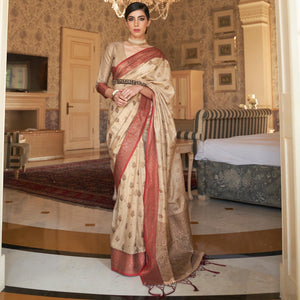 Beige Festive Wear Woven Handloom Silk Saree - Peachmode