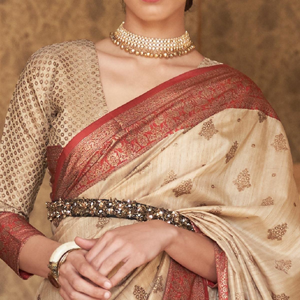 Beige Festive Wear Woven Handloom Silk Saree - Peachmode