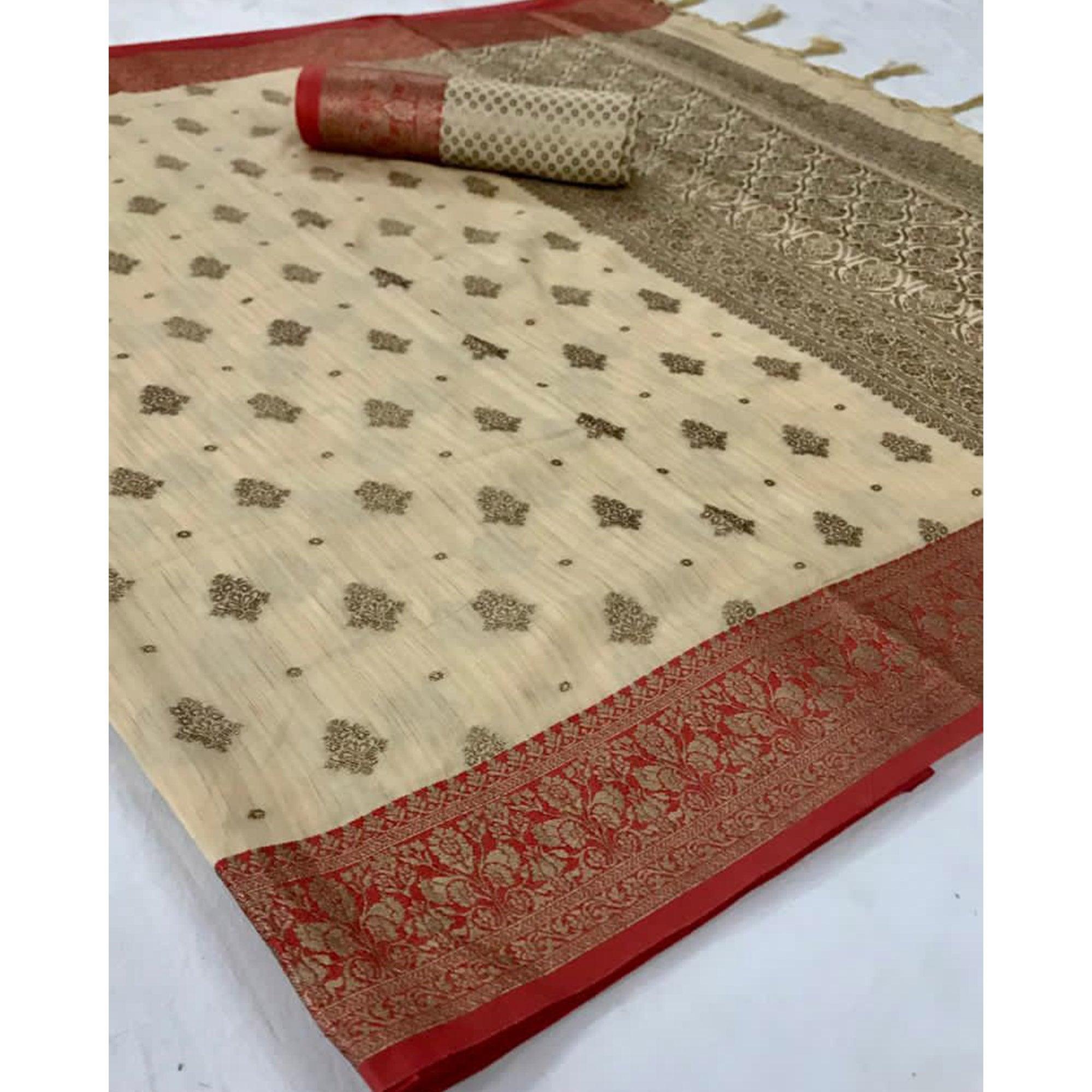 Beige Festive Wear Woven Handloom Silk Saree - Peachmode