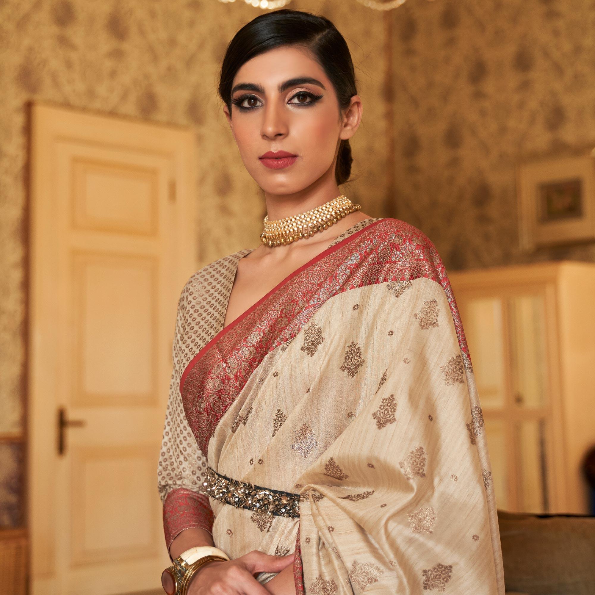 Beige Festive Wear Woven Handloom Silk Saree - Peachmode
