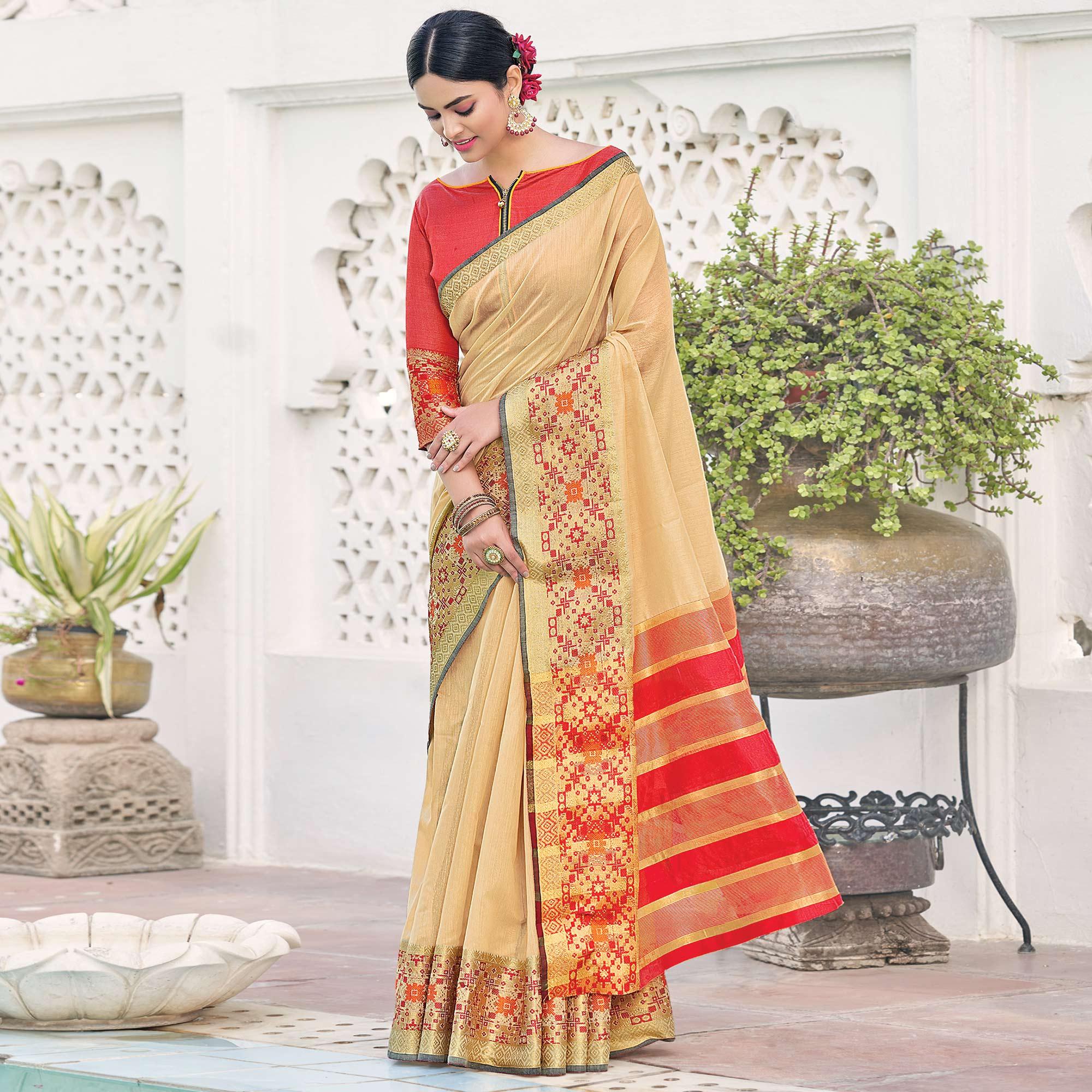 Beige Festive Wear Woven Jute Saree - Peachmode