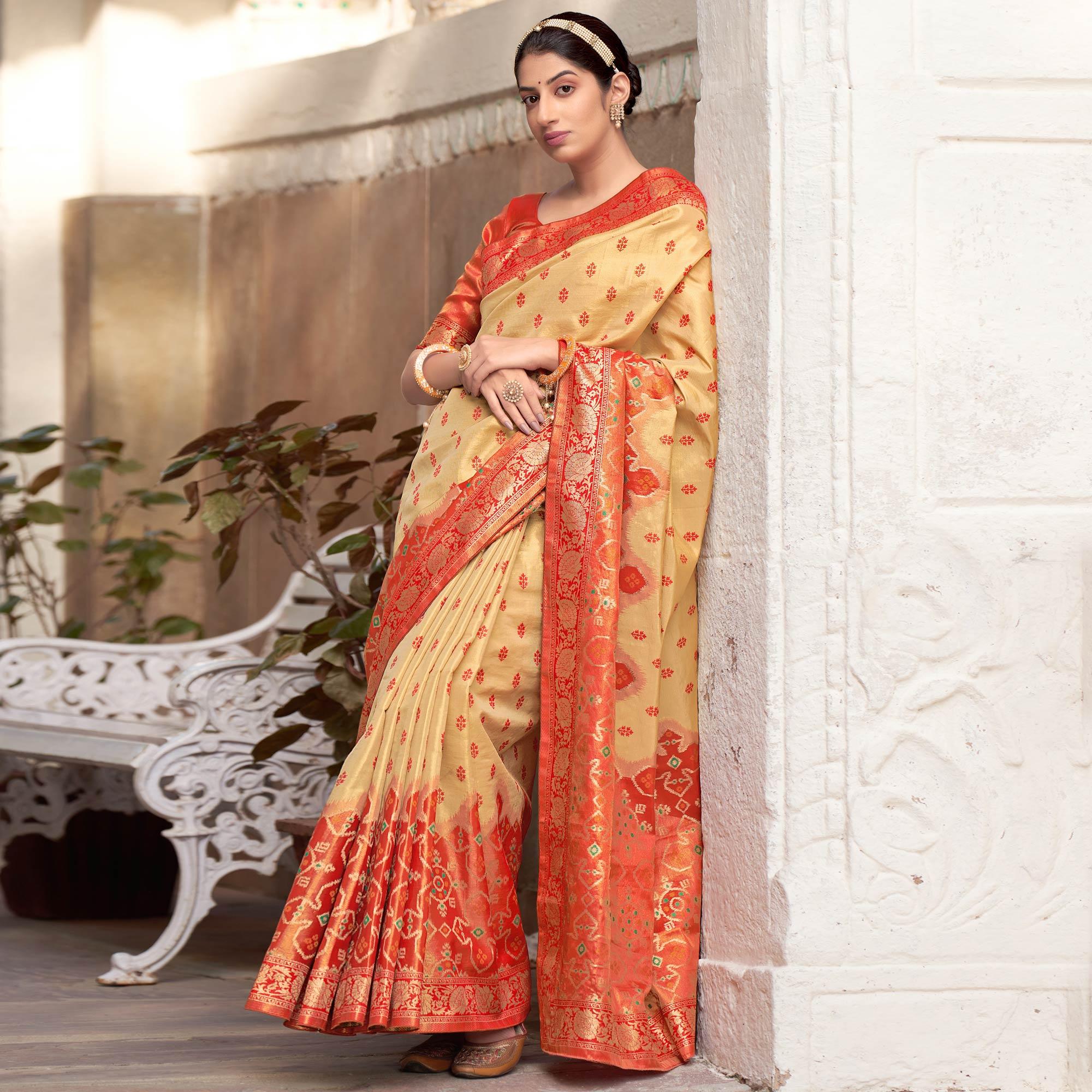 Beige Festive Wear Woven Kanjivaram Silk Saree - Peachmode