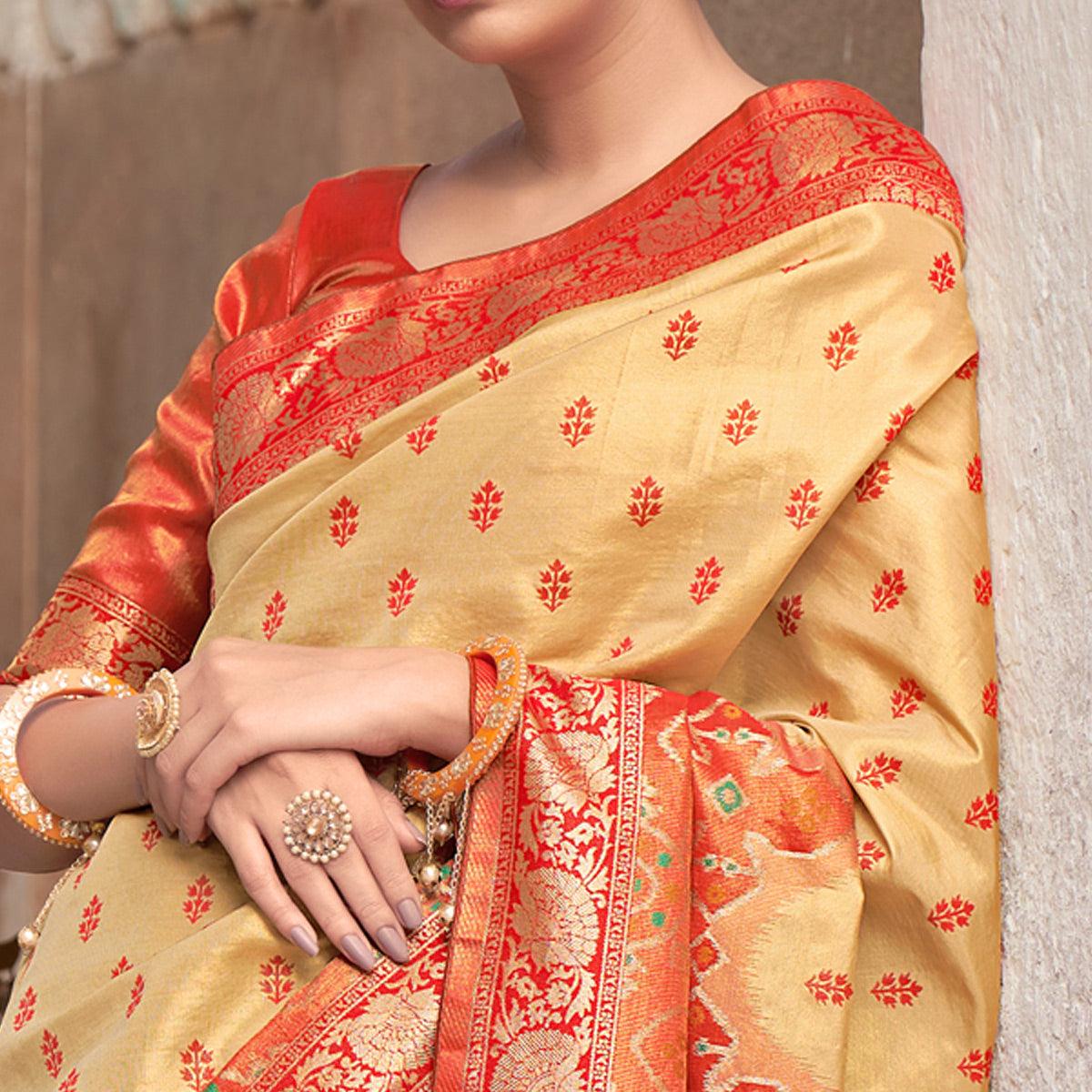 Beige Festive Wear Woven Kanjivaram Silk Saree - Peachmode