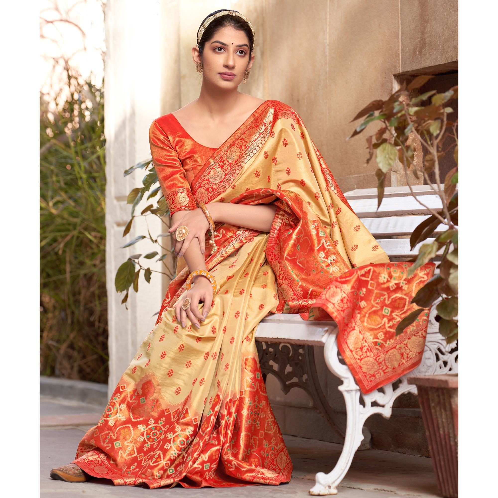 Beige Festive Wear Woven Kanjivaram Silk Saree - Peachmode