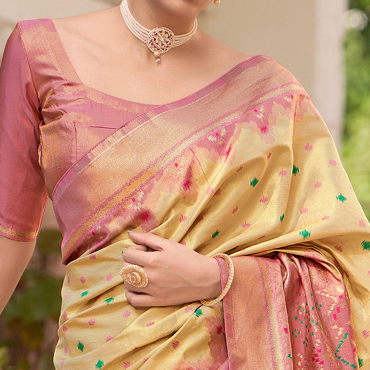 Beige Festive Wear Woven Kanjivaram Silk Saree - Peachmode