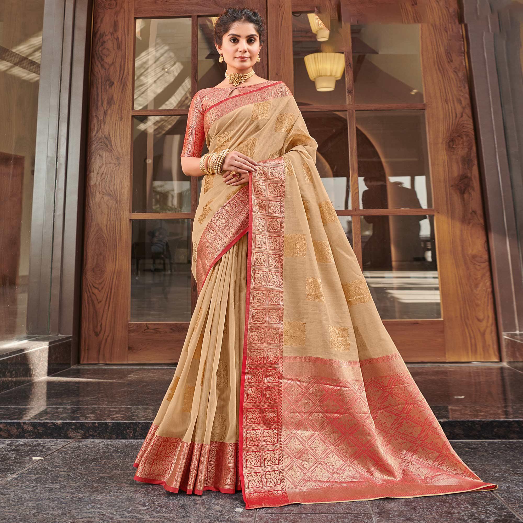 Beige Festive Wear Woven Linen Saree - Peachmode