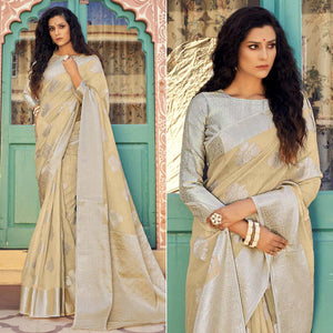 Beige Festive Wear Woven Linen Saree - Peachmode