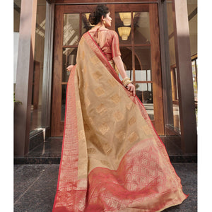 Beige Festive Wear Woven Linen Saree - Peachmode