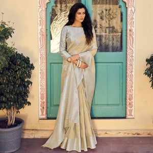 Beige Festive Wear Woven Linen Saree - Peachmode