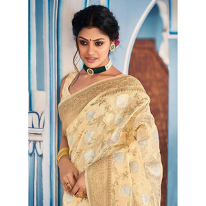 Beige Festive Wear Woven Linen Saree - Peachmode