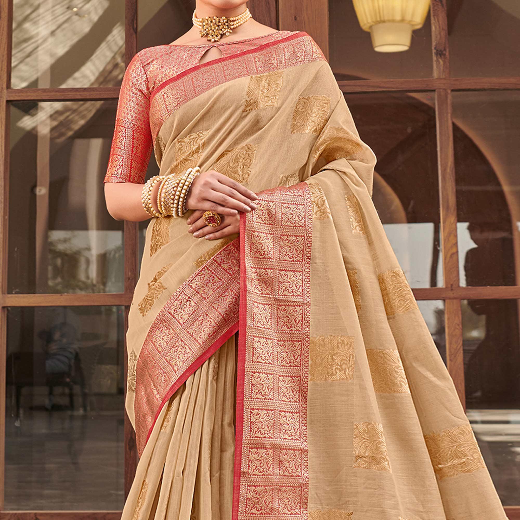 Beige Festive Wear Woven Linen Saree - Peachmode