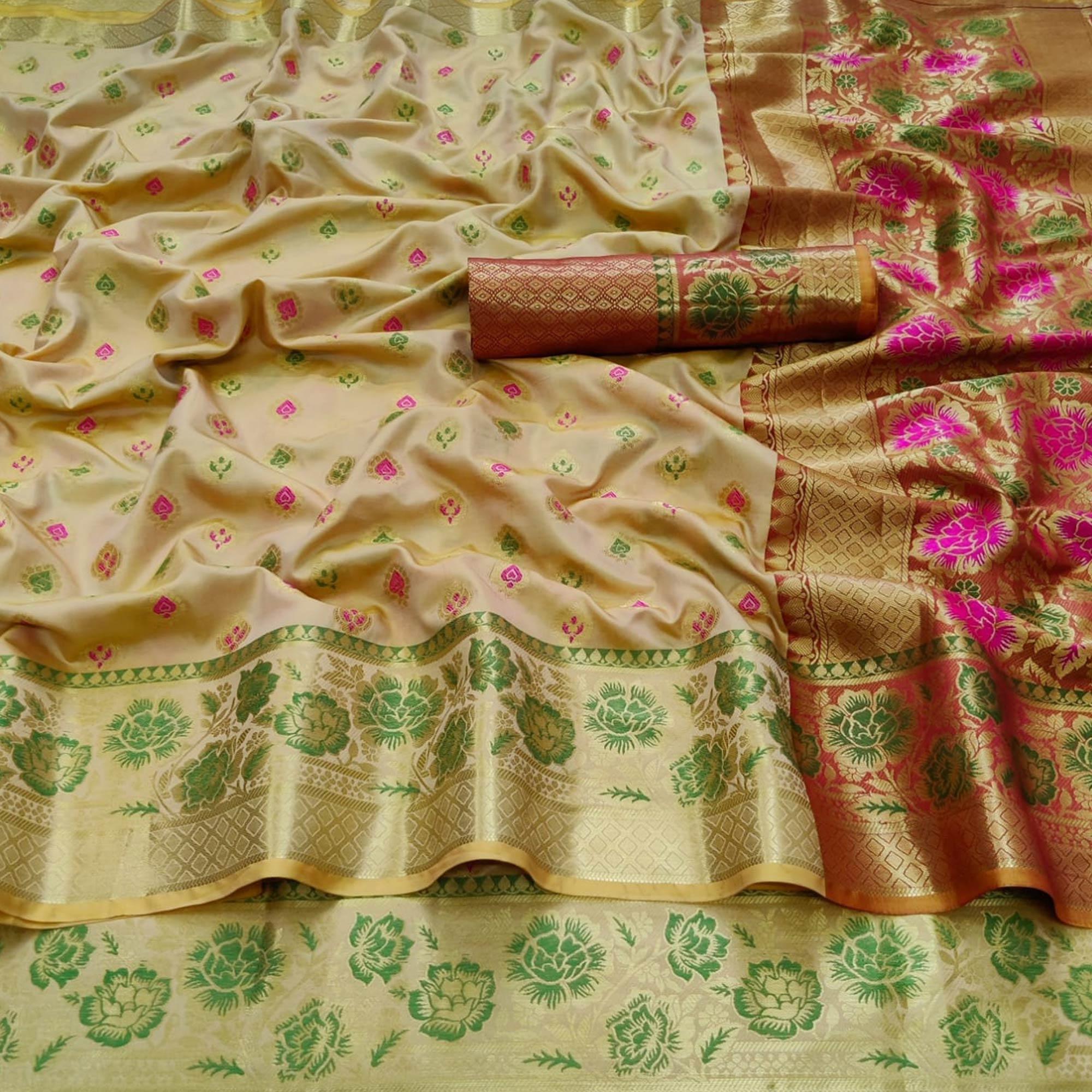 Beige Festive Wear Woven Silk Saree - Peachmode