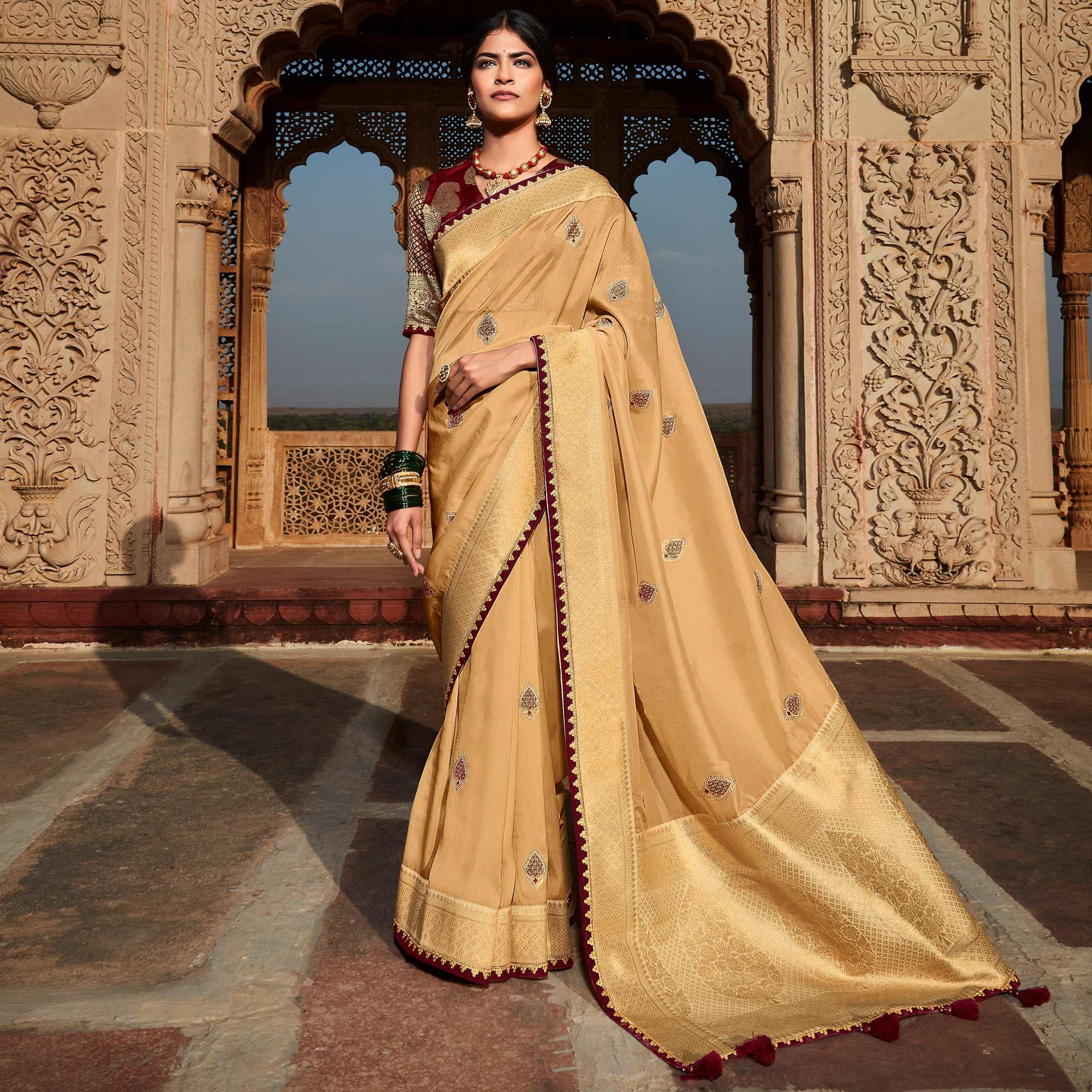 Beige Festive Wear Woven Silk Saree - Peachmode