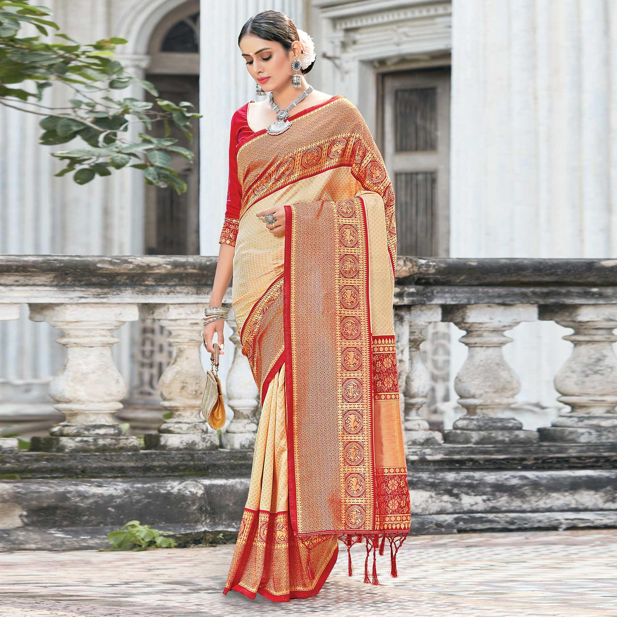 Beige Festive Wear Woven Silk Saree - Peachmode