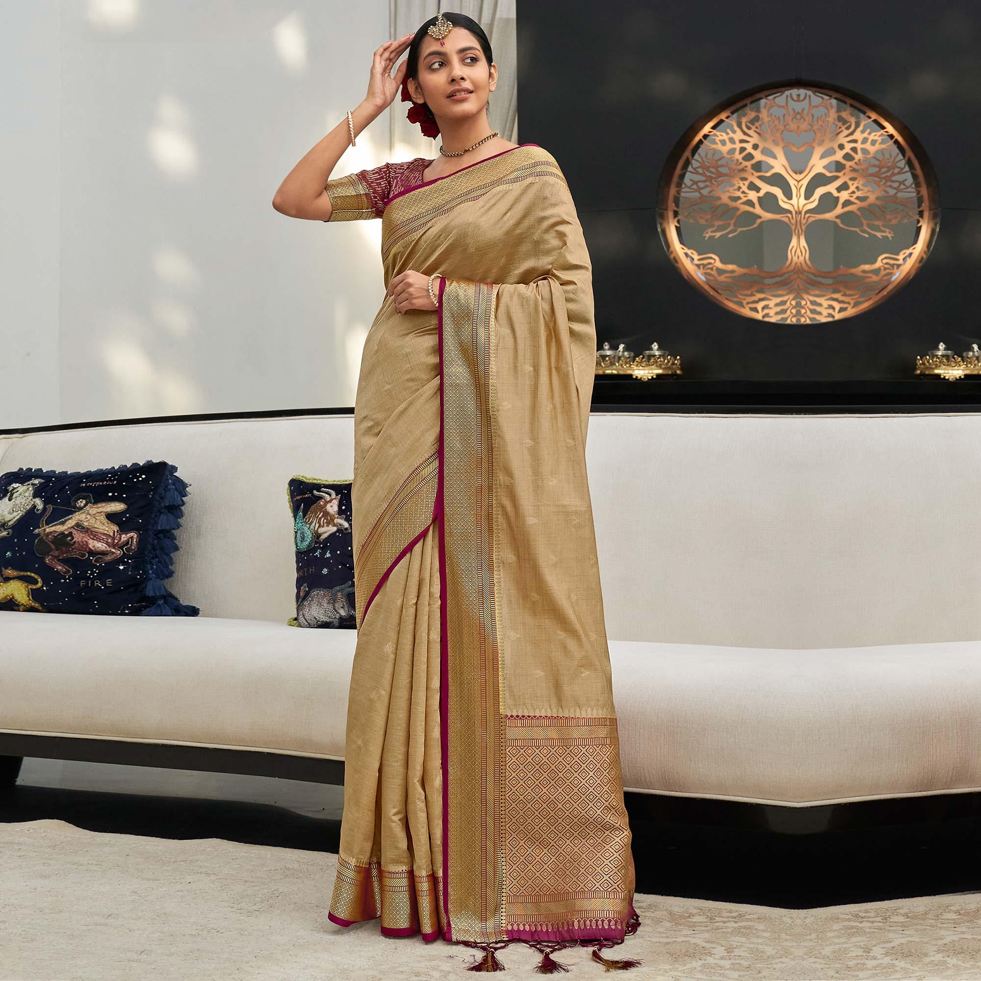 Beige Festive Wear Woven Silk Saree - Peachmode