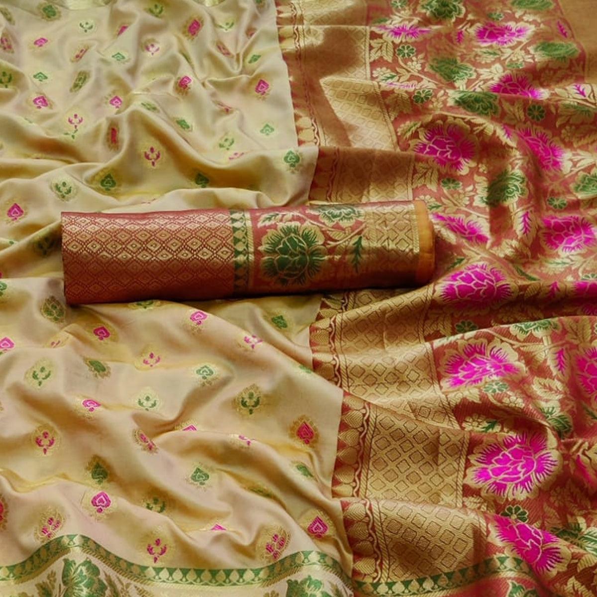 Beige Festive Wear Woven Silk Saree - Peachmode