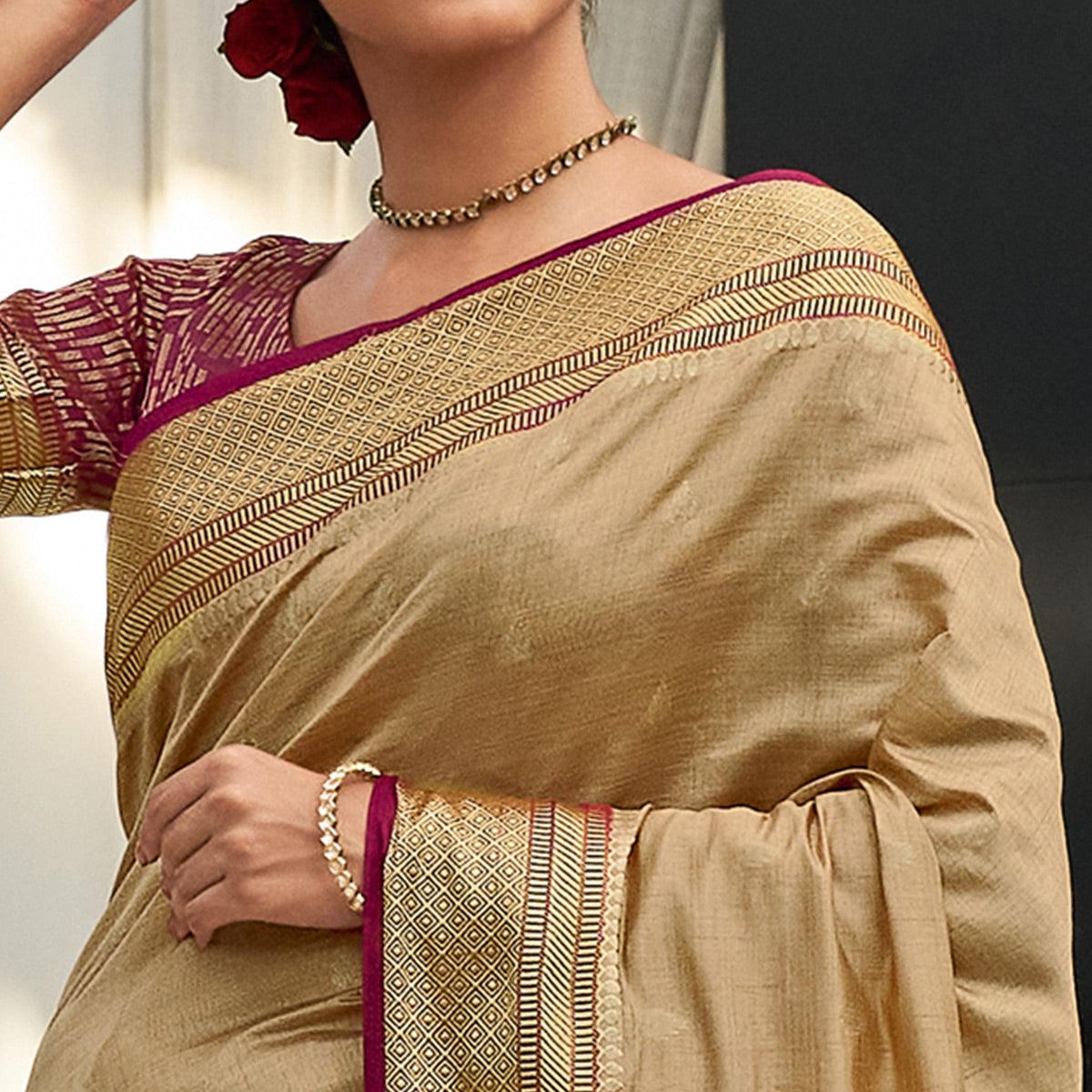 Beige Festive Wear Woven Silk Saree - Peachmode