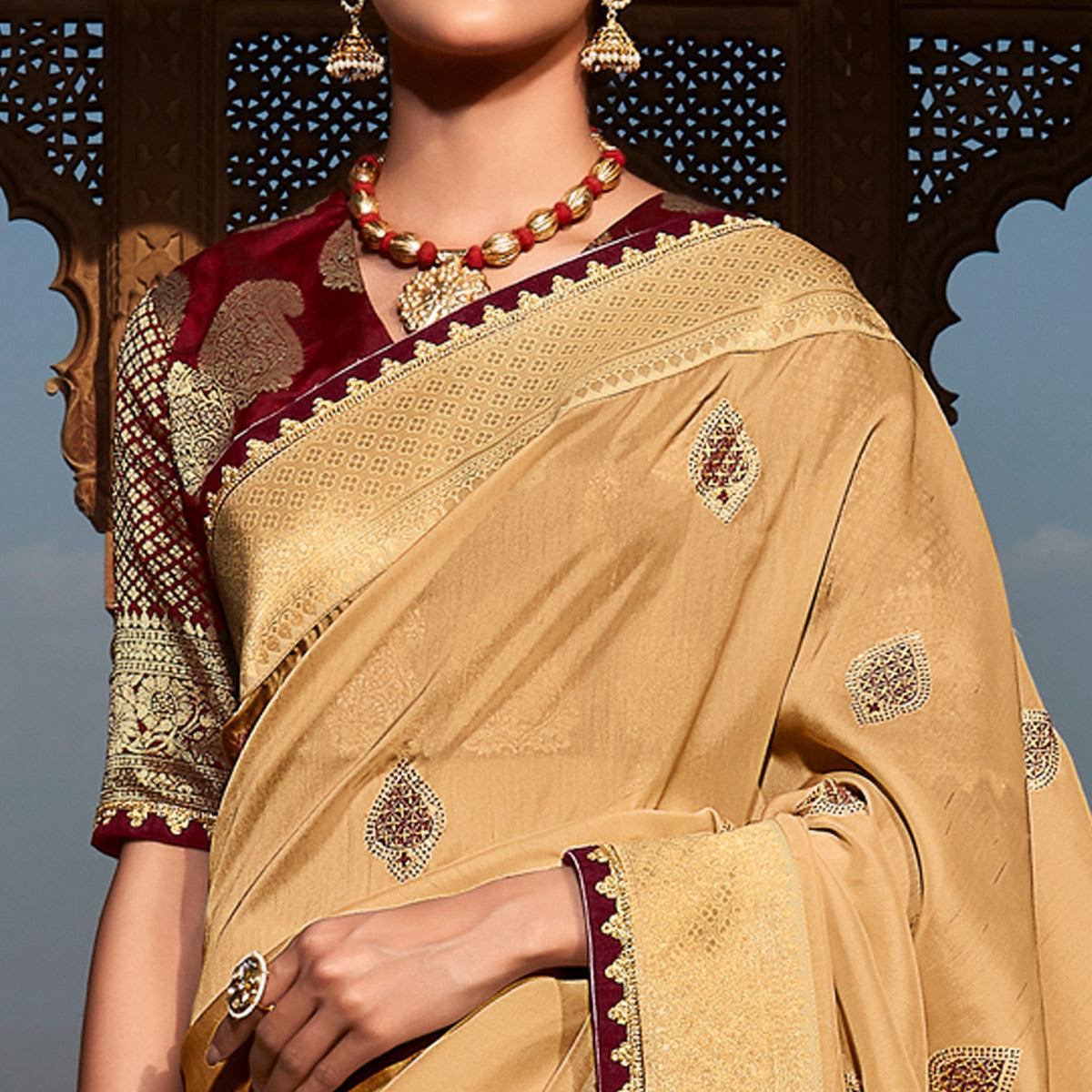 Beige Festive Wear Woven Silk Saree - Peachmode