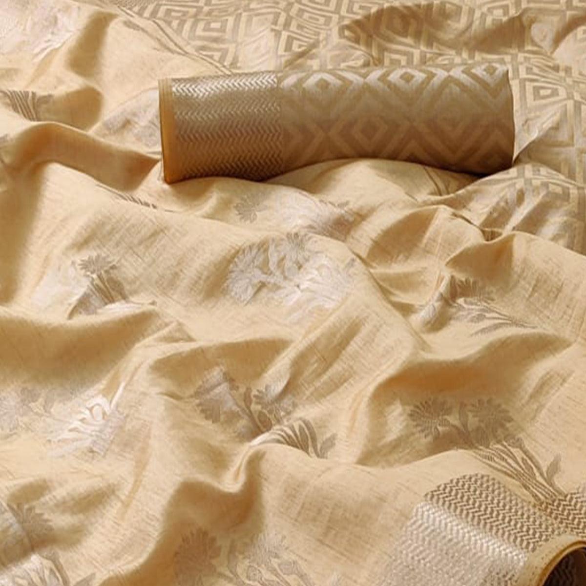Beige Festive Wear Woven Silk Saree With Butta Pallu - Peachmode