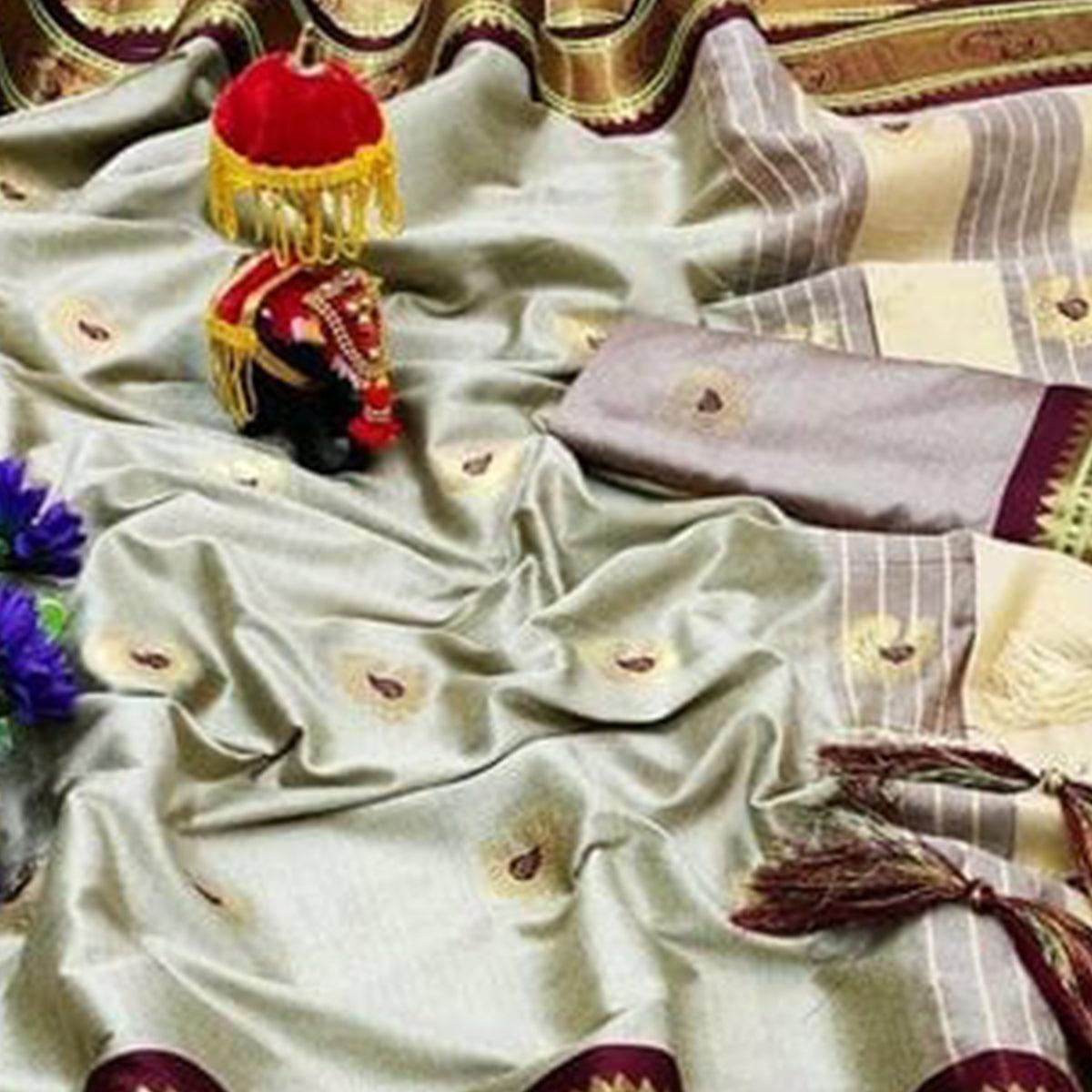 Beige Festive Wear Woven Soft Cotton Saree With Border - Peachmode