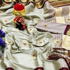 Beige Festive Wear Woven Soft Cotton Saree With Border - Peachmode