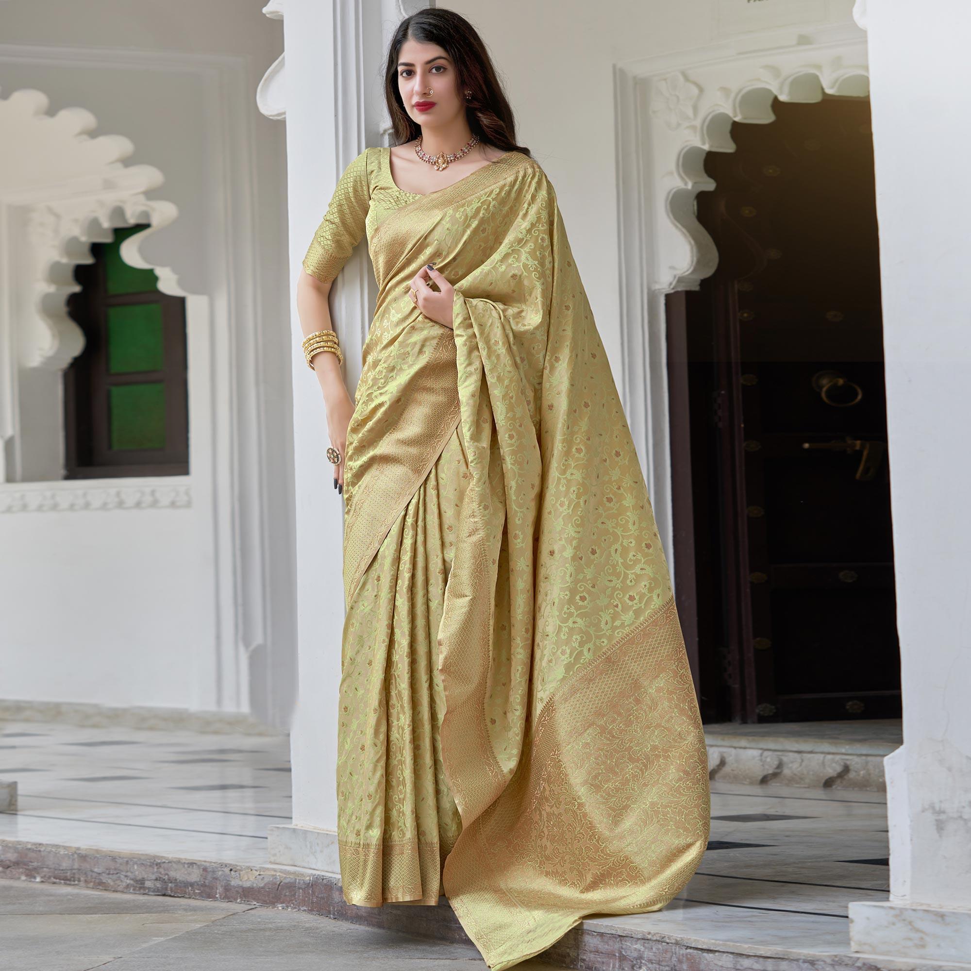 Beige Festive Wear Woven Soft Satin Silk Saree - Peachmode