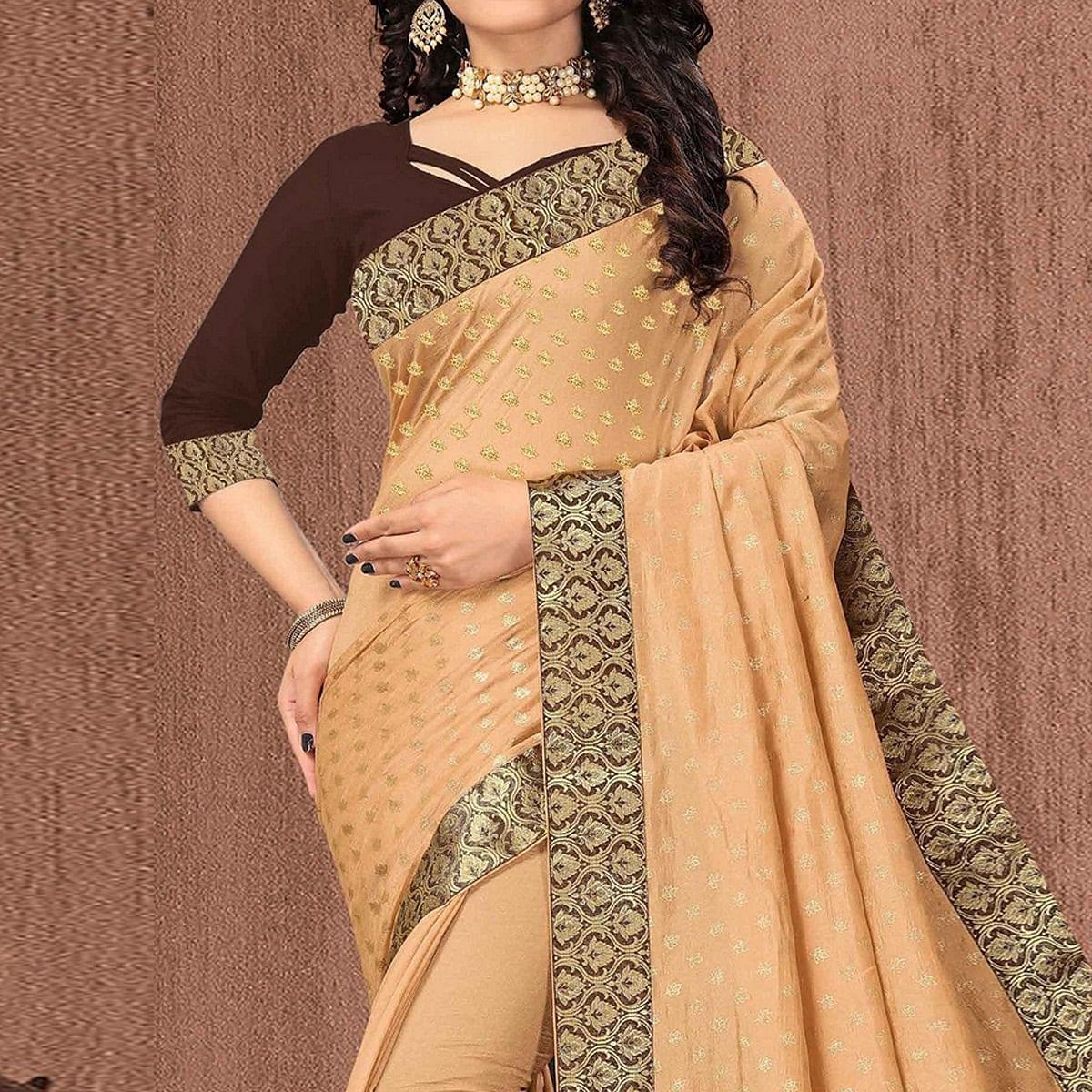 Beige Festive Wear Woven Vichitra Silk Saree - Peachmode