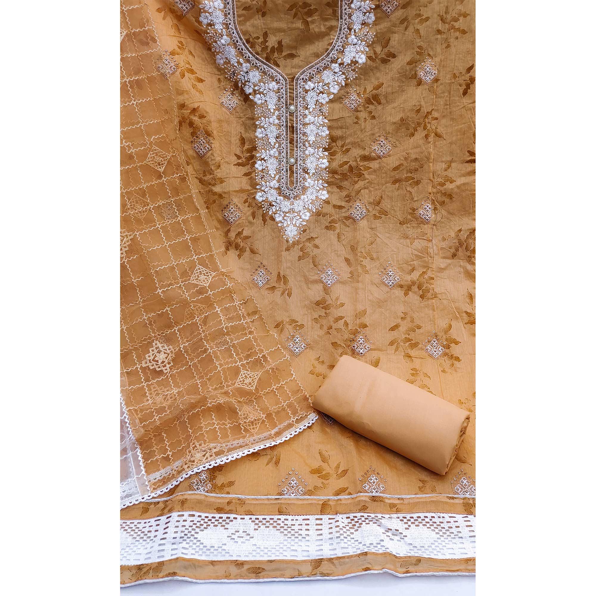 Beige Floral Embroidered Chanderi Dress Material - Peachmode