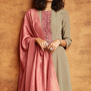 Beige Floral Embroidered Fiona Silk Partywear Suit - Peachmode