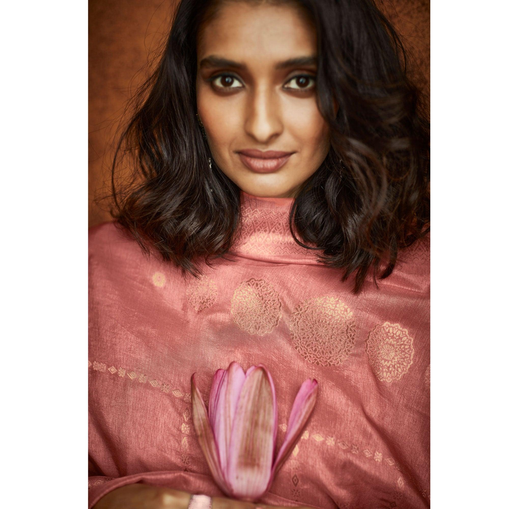 Beige Floral Embroidered Fiona Silk Partywear Suit - Peachmode