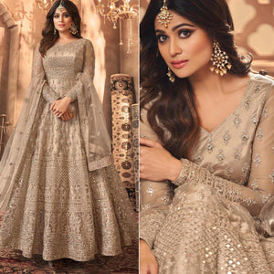 Beige Floral Embroidered Net Anarkali Suit - Peachmode